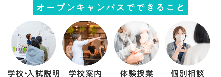 オープンキャンパスでできることは、「学校・入試説明」「学校案内」「体験授業」「個別相談」
