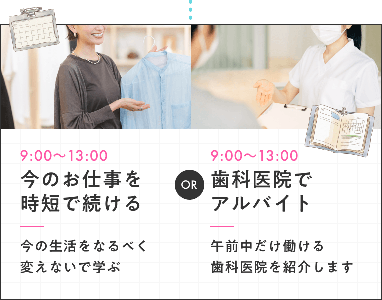 9:00〜13:00 今のお仕事を時短で続ける 今の生活をなるべく変えないで学ぶ または 歯科医院でアルバイト 午前中だけ働ける歯科医院を紹介できます