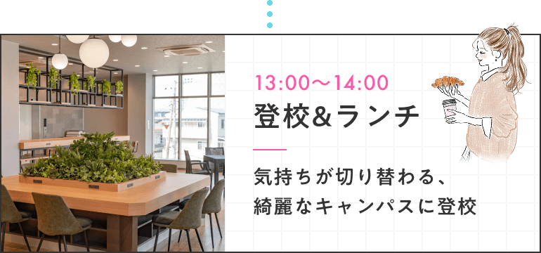 13:00〜14:00 登校&ランチ 気持ちが切り替わる、綺麗なキャンパスに登校